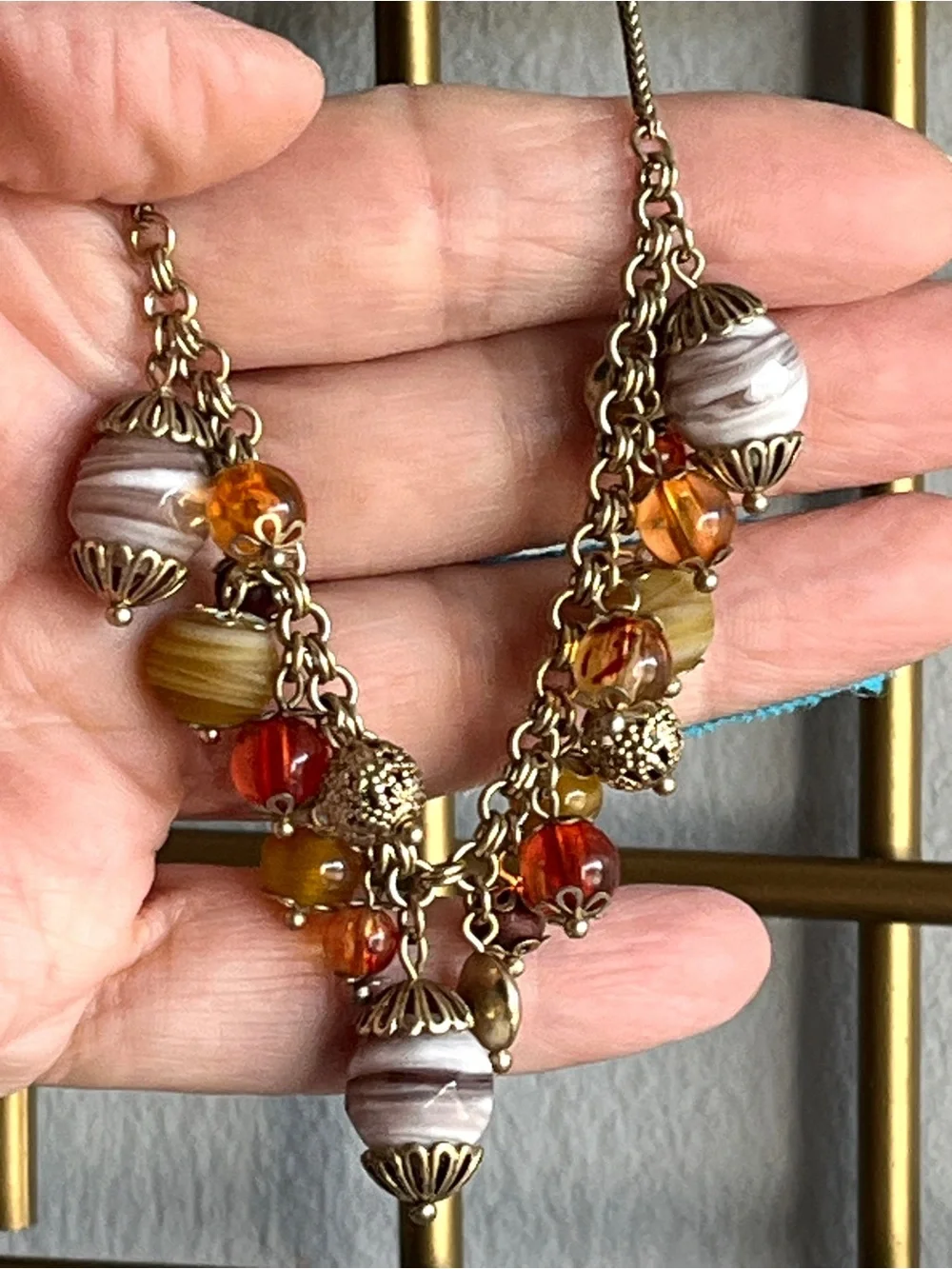 Liz Claiborne Earthtone Goldtone Bead Cluster Statement Necklace 16+ In Boho VTG